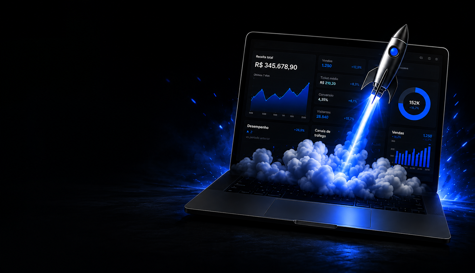 Notebook com dashboard de vendas e foguete decolando