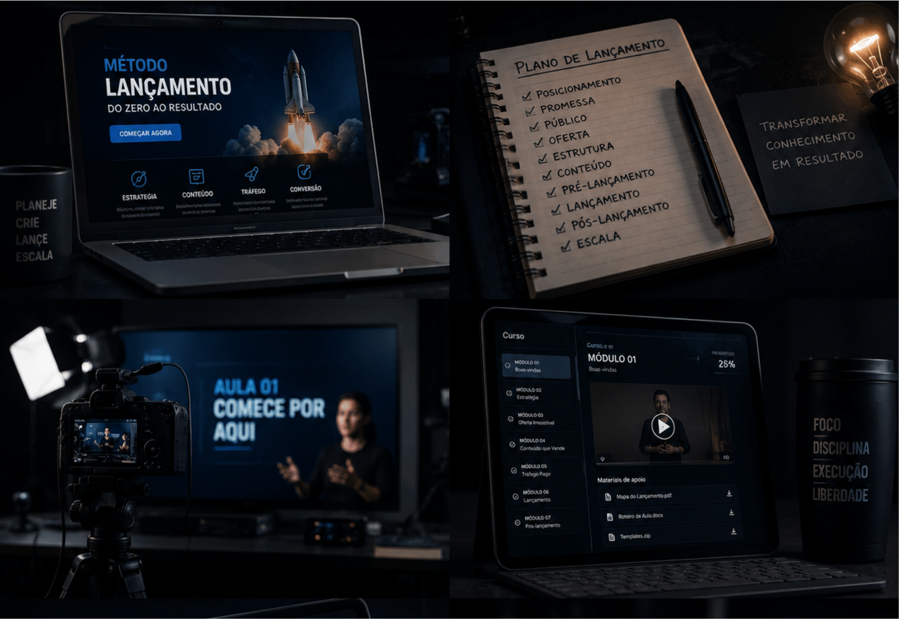 Colagem do método de lançamento: laptop com dashboard, caderno de plano, câmera gravando aula e tablet com curso online